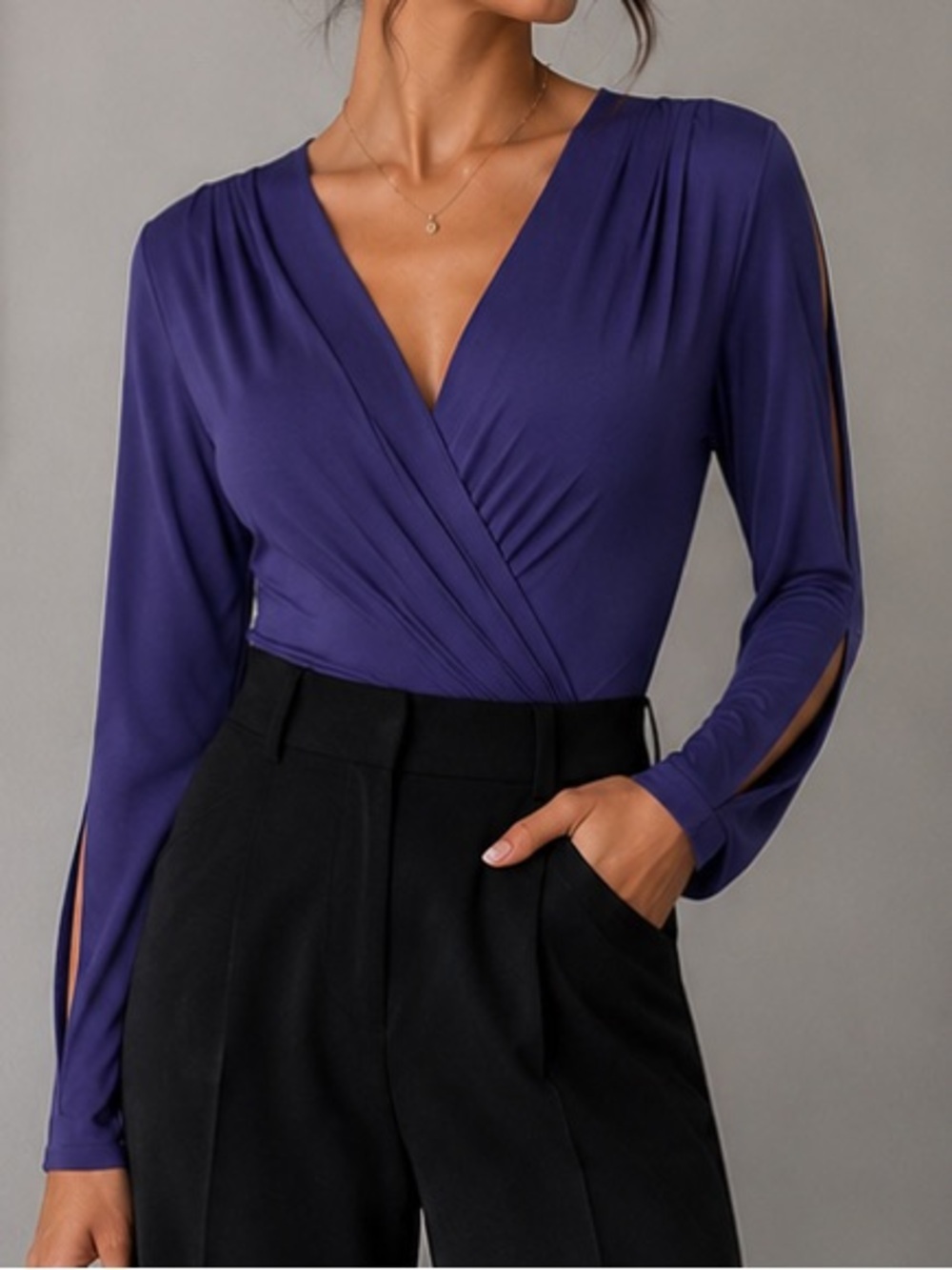 Purple Wrap Bodysuit Cold Shoulder Sleeve Top